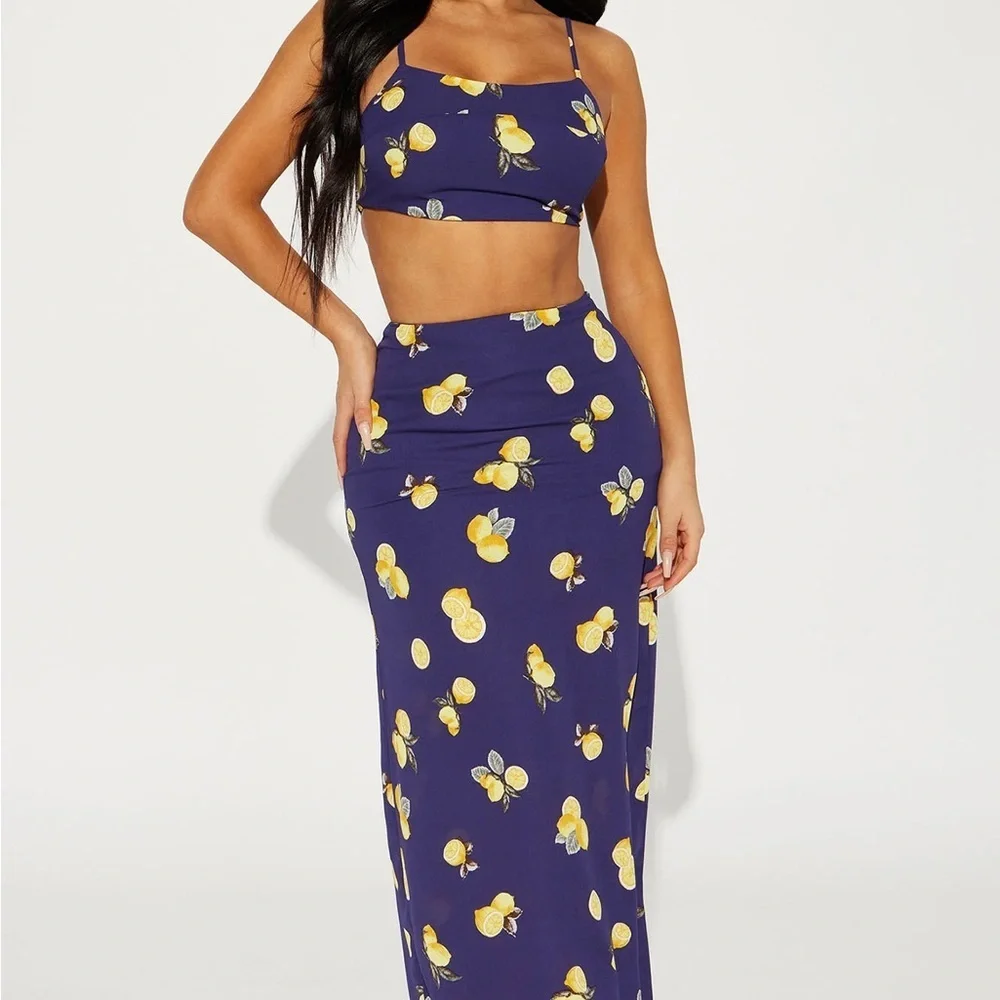 Fashion Nova Women M Navy Blue Lemon Pie Crop Tank Top Maxi Skirt Set NWT